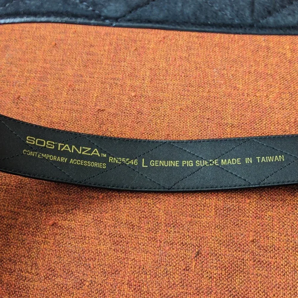 Vintage Sostanza Black Suede Quilted Belt Buckle Gold Twist Preppy Old Money 80s